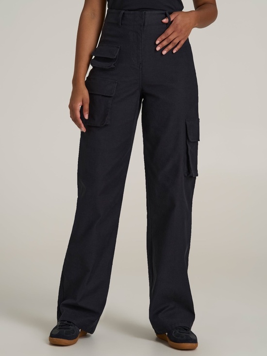 American Tall High-Waist Flat Front Cargo Pants for Tall Women in Black Size 101 - Picture 1 of 3
